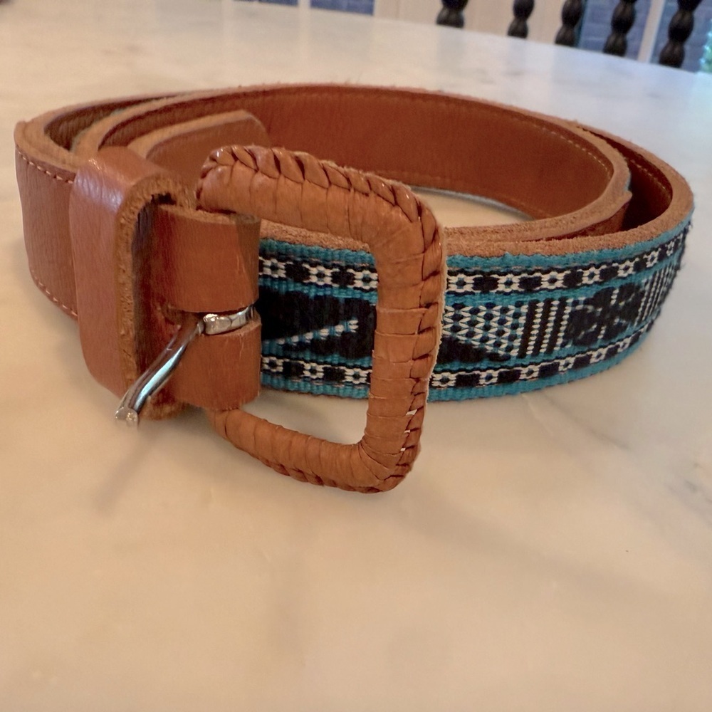 Black and Blue Aztec Southwest Patterned Mexico Leather Belt marked Size 36 EUC